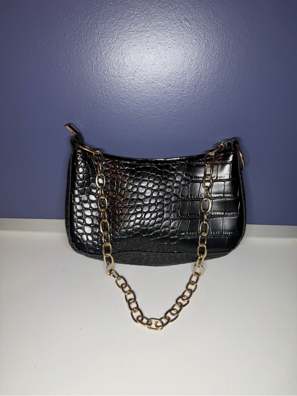 Black Croc-Embossed Chain Strap Shoulder Bag